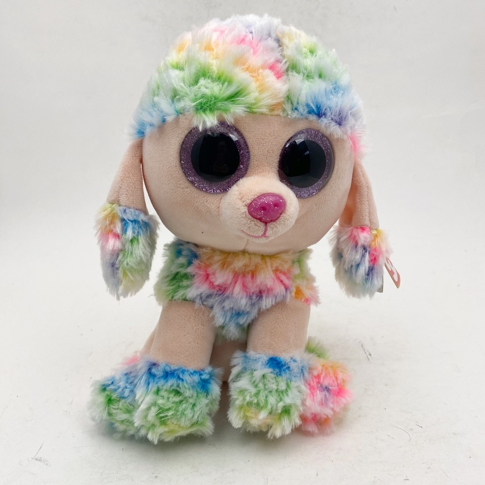 Ty Beanie Boos Rainbow the Poodle Multicolor Tie Dye Plush Dog Glitter Eyes 6 in